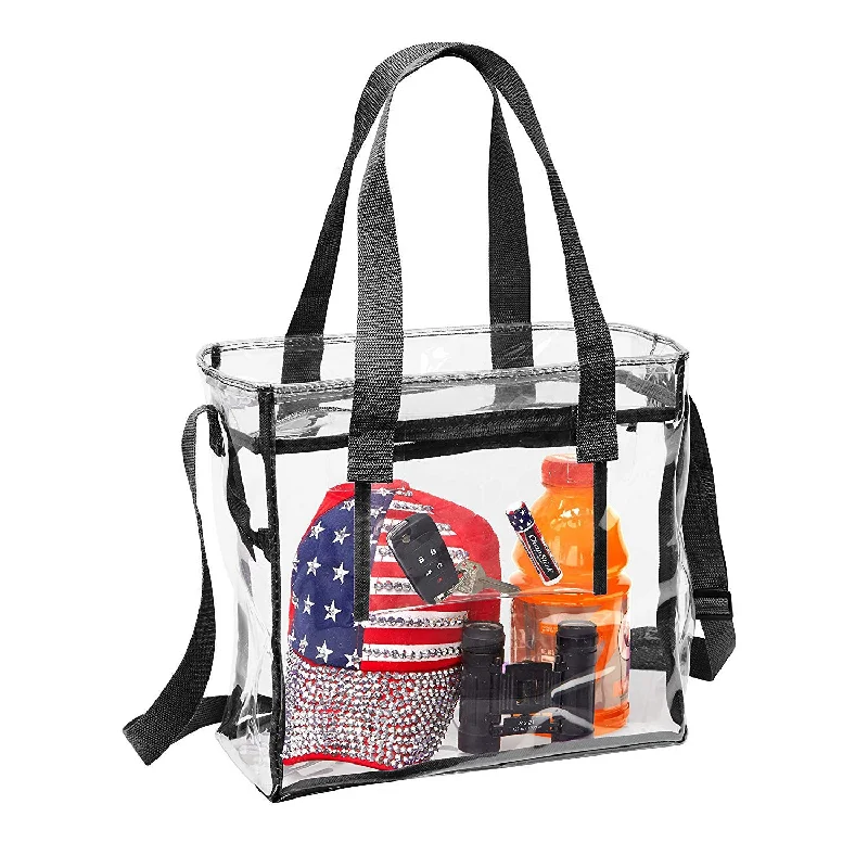 Deluxe Clear 12 x 12 x 6 Cross-Body Stadium Tote Bag with Zipper Closure and Interior Pocket (CH-1212A) - Black Trim