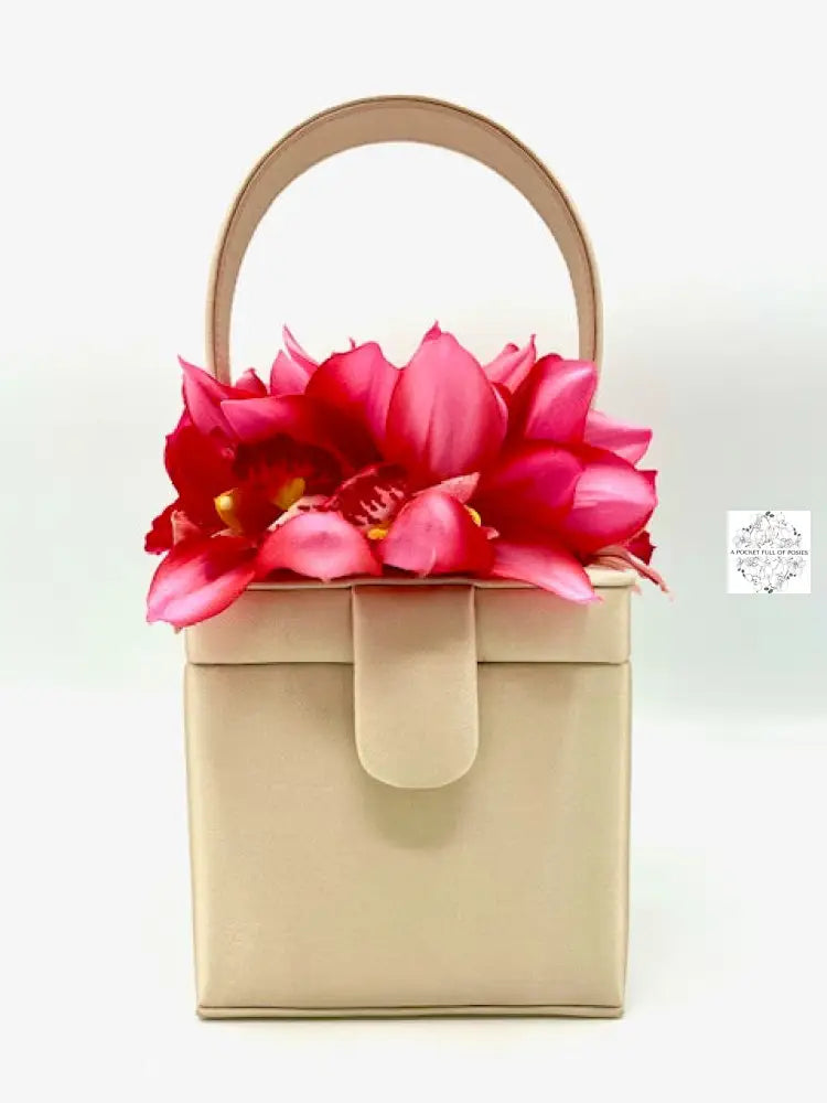 Beige Silk Square Box Bag with Colorful Orchids