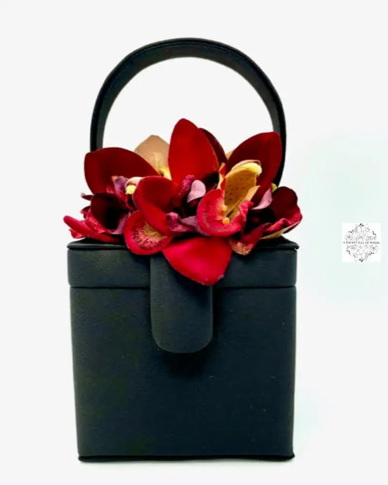 Black Silk Square Box Bag with dark flowers