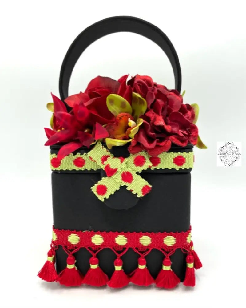 Black silk square flower bag with ribbons