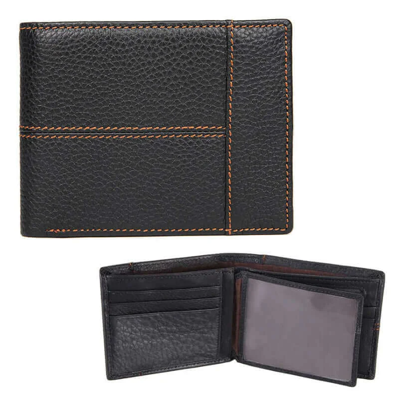 Men’s Leather Bifold Wallet - Black Stitched Design