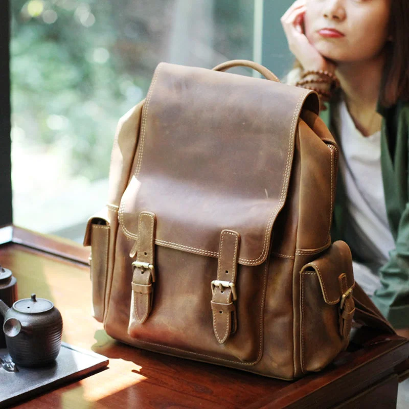 Brown Leather Womens Casual Backpack Purse Trendy Backpacks for Women