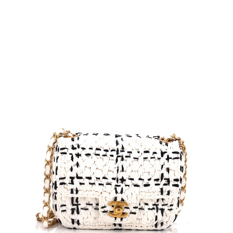 CC Chain Flap Bag Tweed Effect Braided Raffia Mini