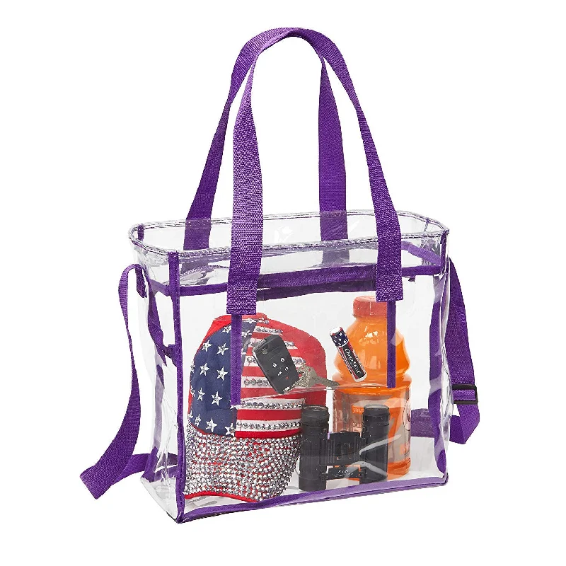 Deluxe Clear 12 x 12 x 6 Cross-Body Stadium Tote Bag with Zipper Closure and Interior Pocket (CH-1212A-PUR) - Purple Trim