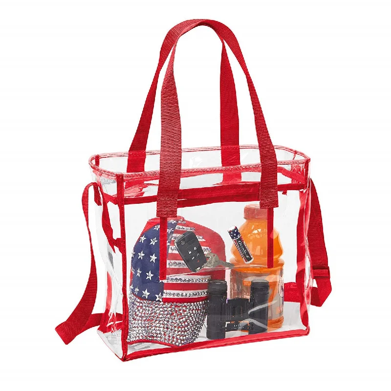 Deluxe Clear 12 x 12 x 6 Cross-Body Stadium Tote Bag with Zipper Closure and Interior Pocket (CH-1212A-RED) - Red Trim