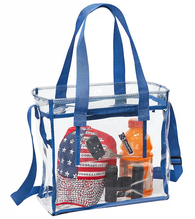 Deluxe Clear 12 x 12 x 6 Cross-Body Stadium Tote Bag with Zipper Closure and Interior Pocket (CH-1212A-ROY) - Royal Blue Trim