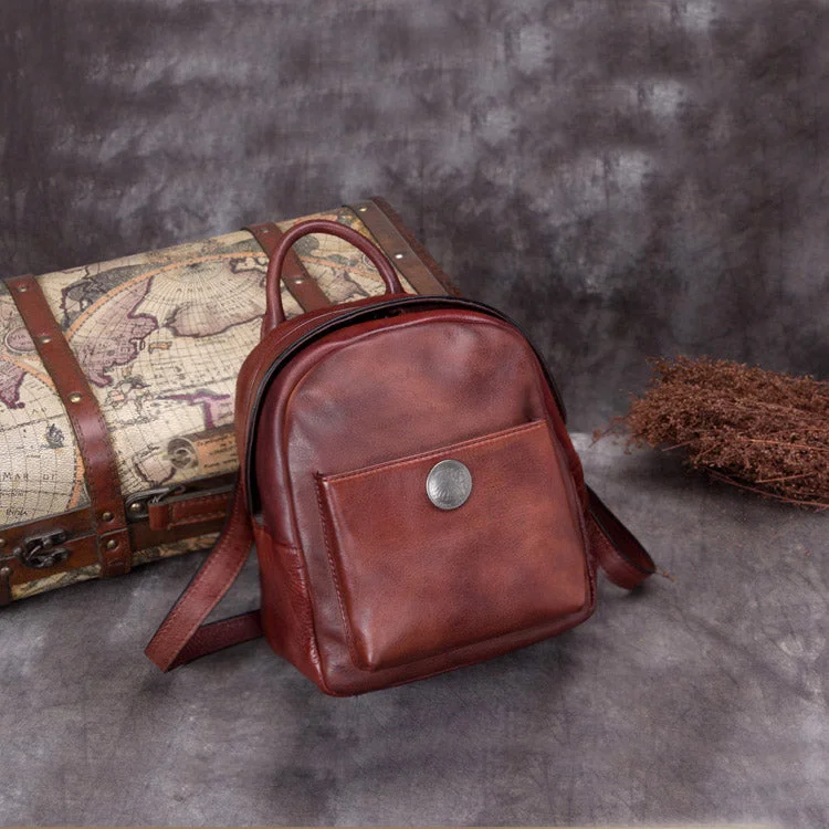 Handmade Cute Womens Brown Leather Backpack Small Backpacks for Women