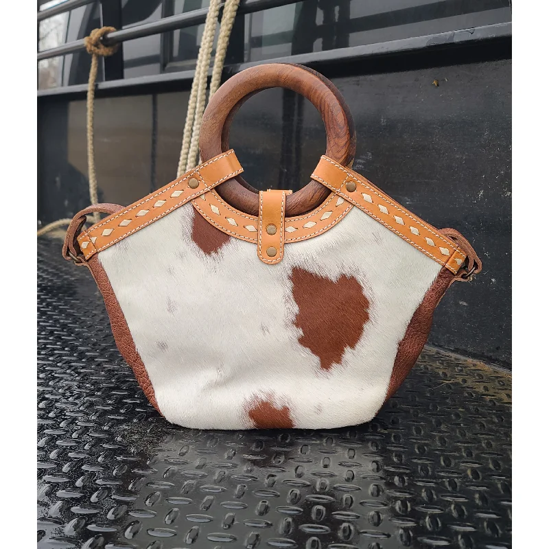 American Darling Wood Handle Cow Hide Hand Bag