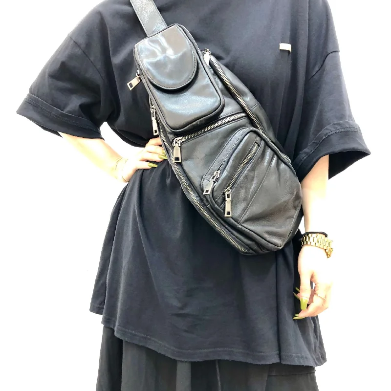 Large Women's Black Leather Sling Bag Chest Bag For Women