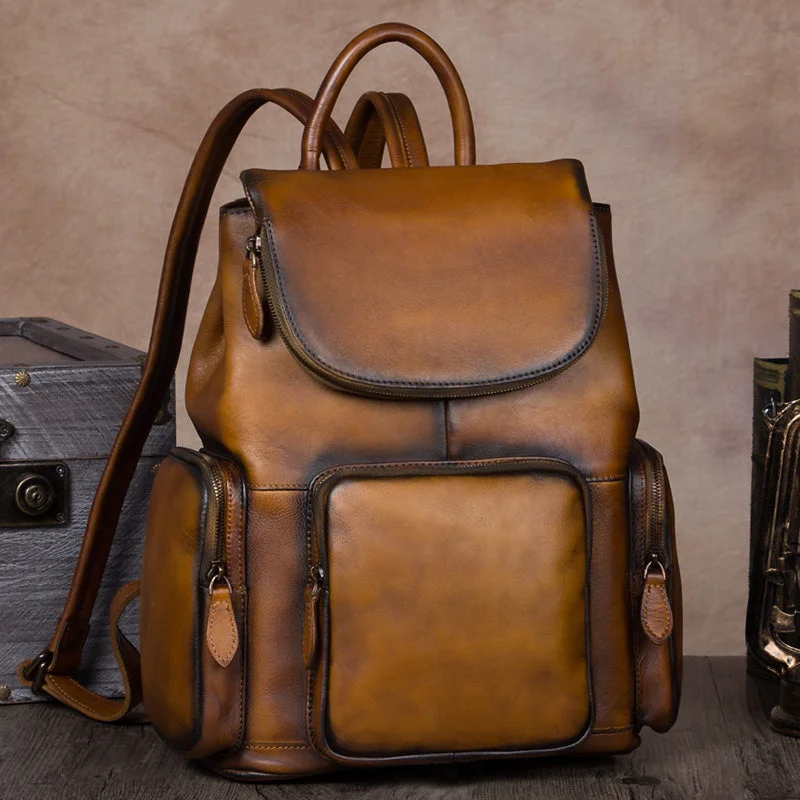 Vintage Womens Brown Leather Backpack Purse Designer Laptop Book Bag for Women