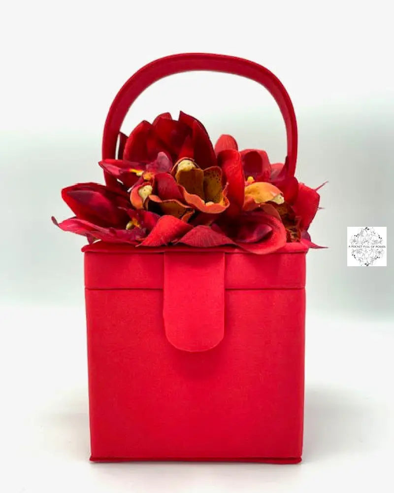 Red Silk Square Box Bag with colorful orchids