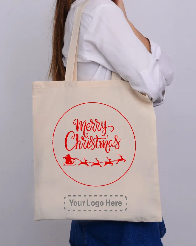 Santa Claus With a Reindeer Flying Red Color Christmas Tote Bag - Christmas Bags