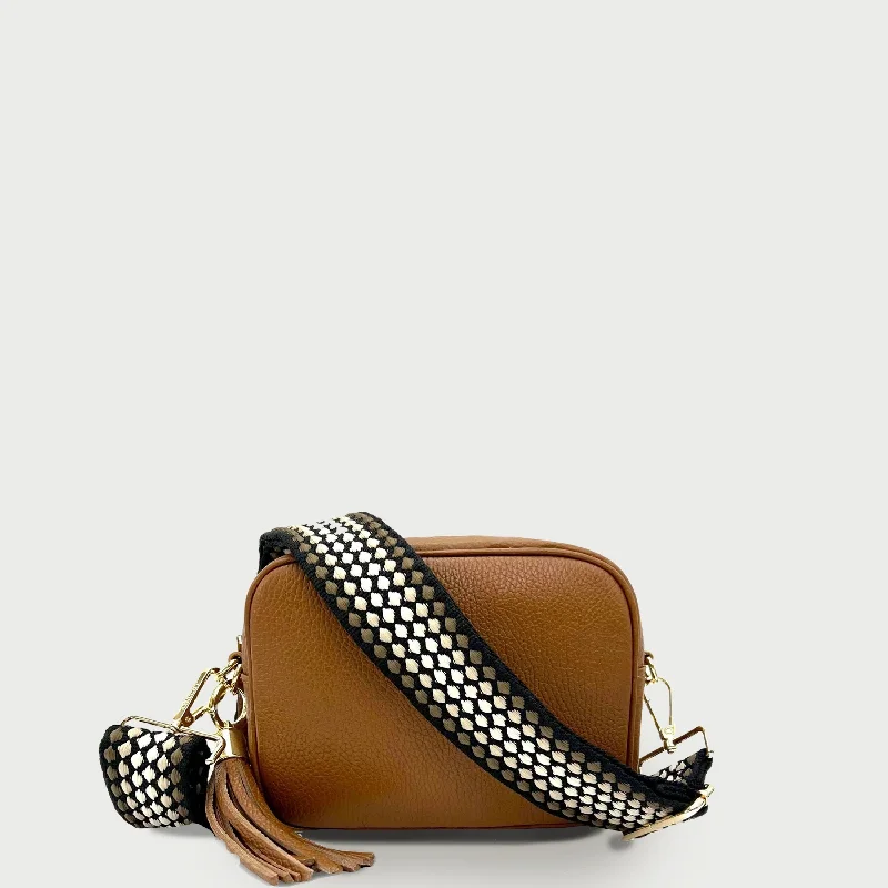 Tan Leather Crossbody Bag With Cappuccino Dots Strap