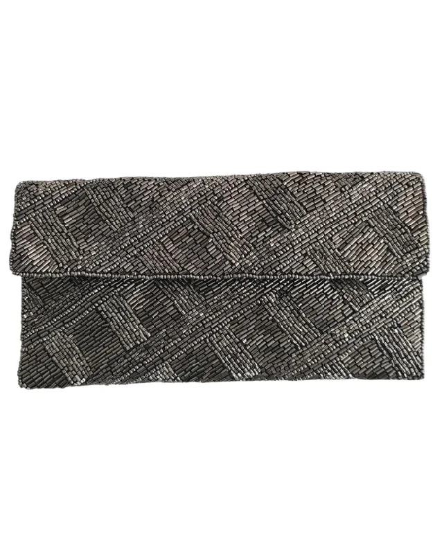 Pewter Criss Cross Beaded Clutch