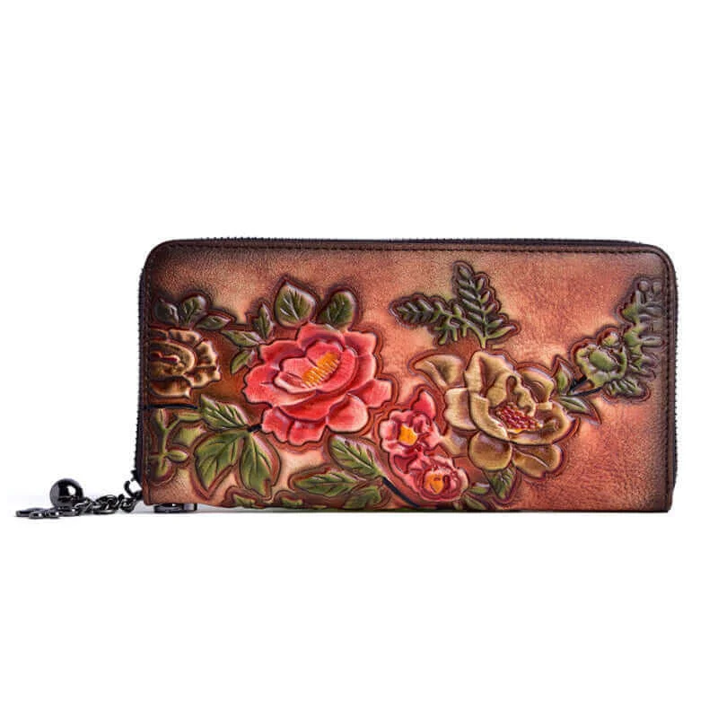 Vintage Embossed Leather Long Wallet with Wristlet