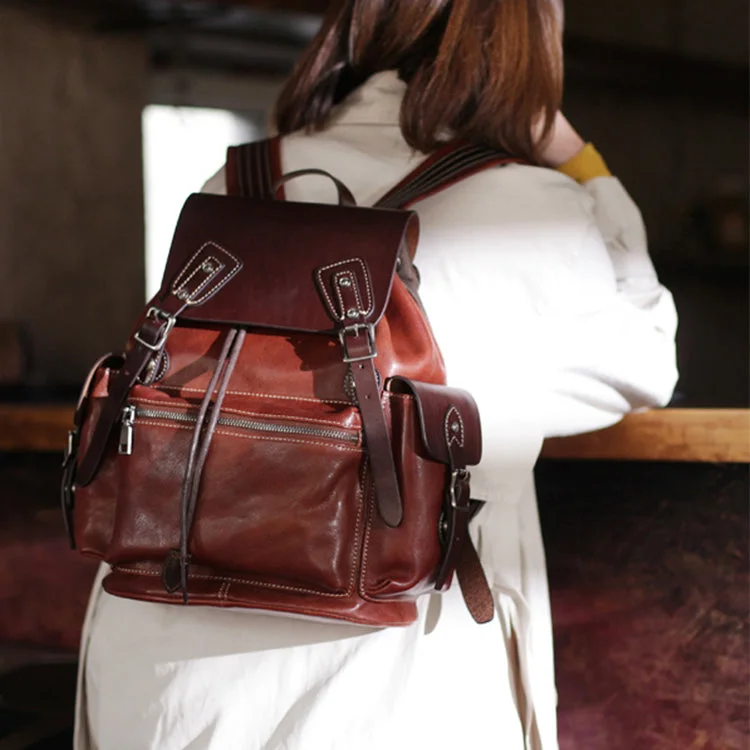 13" Vintage Womens Brown Leather Backpack Purse Laptop Book Bag for Women