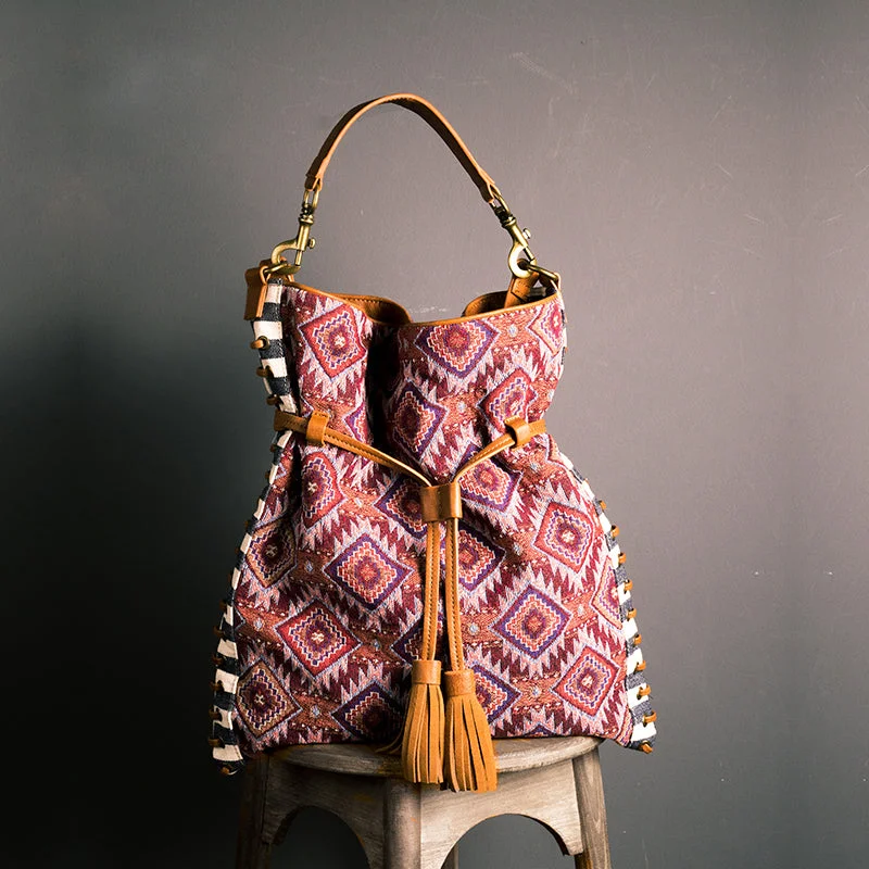 Womens Fabric Boho Handbags With Fringe Hippie Shoulder Bags For Women