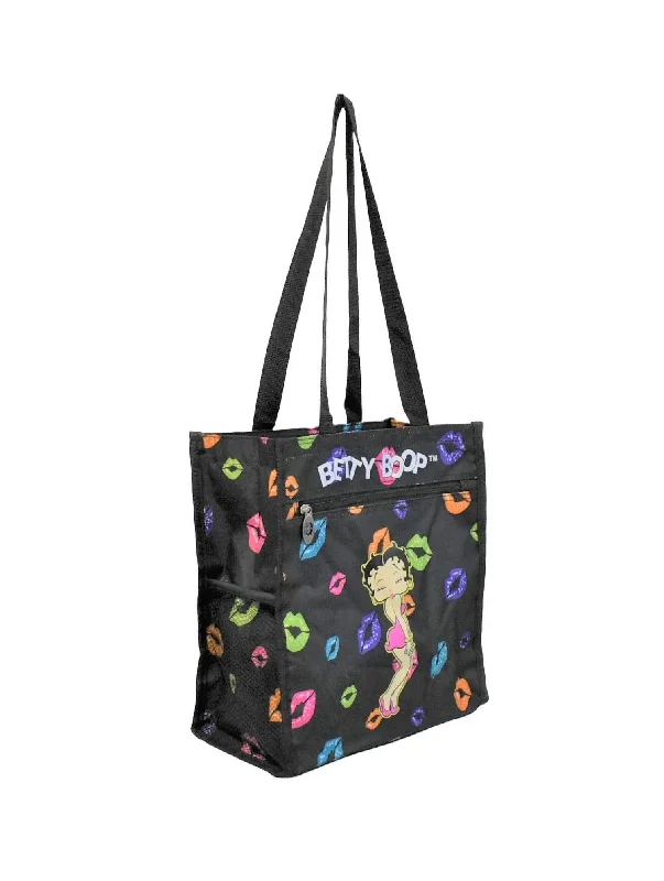 Women's Polyester Shopping Bag In Black/multi Kisses