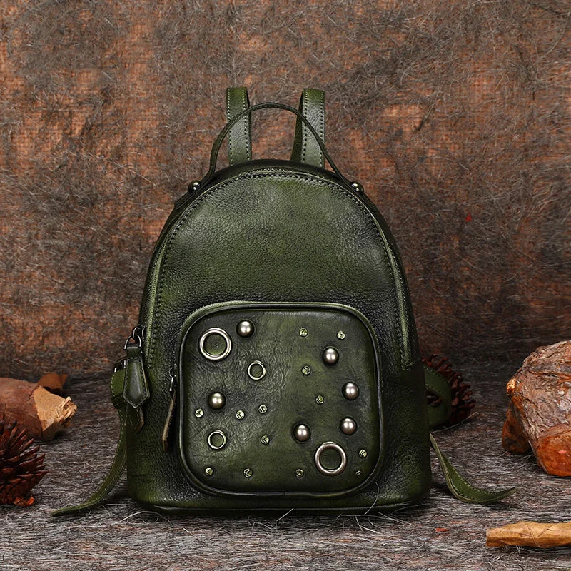 Small Womens Green Leather Backpack Purse Cool Book Bags for Women